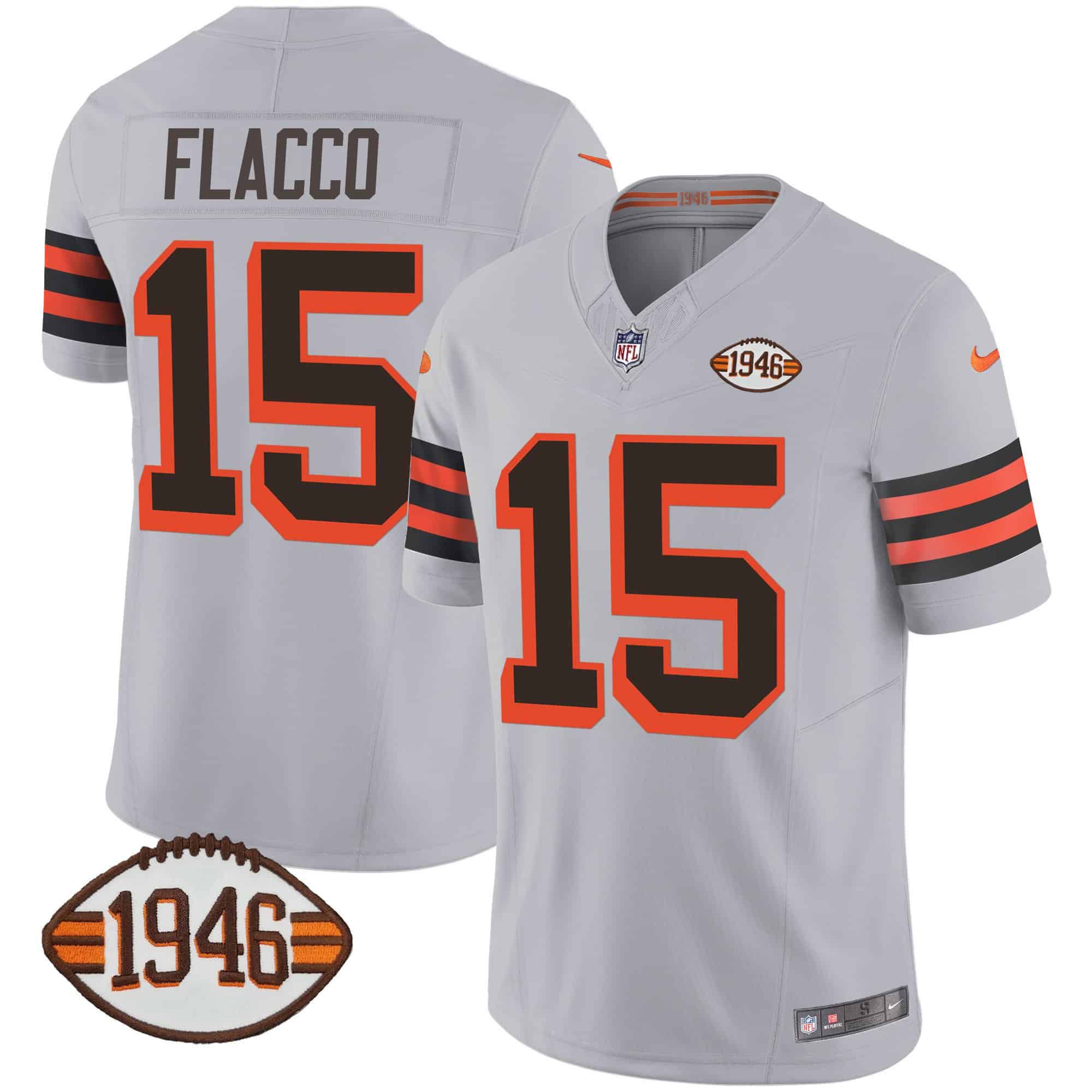 Men Cleveland Browns #15 Flacco Grey 1946 75th Anniversary Patch 2024 Nike NFL Jersey